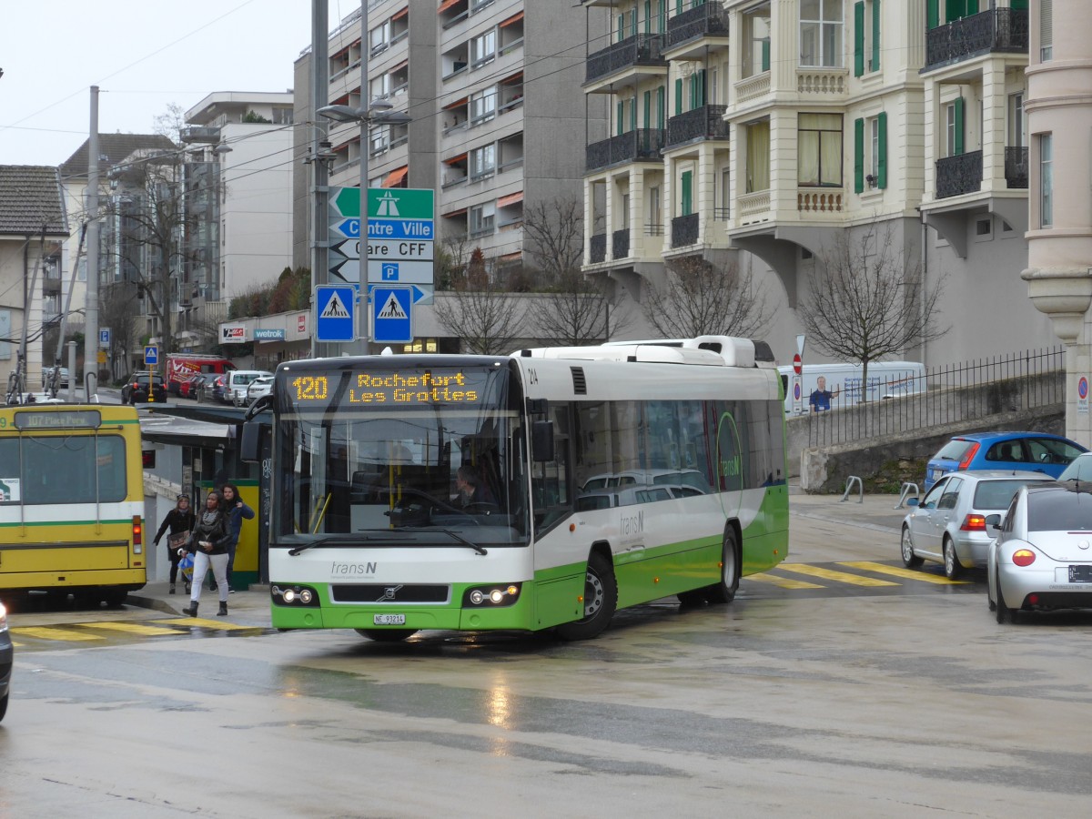 (168'785) - transN, La Chaux-de-Fonds - Nr. 214/NE 93'214 - Volvo (ex TN Neuchtel Nr. 214) am 20. Februar 2016 beim Bahnhof Neuchtel