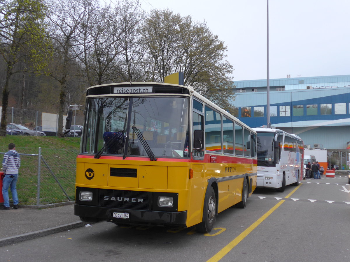 (169'717) - Bernair, Mnsingen - BE 651'182 - Saurer/Tscher (ex Schebath, Lauerz; ex Albin, Fllanden; ex Heim, Flums) am 2. April 2016 in Wrenlos, Raststtte