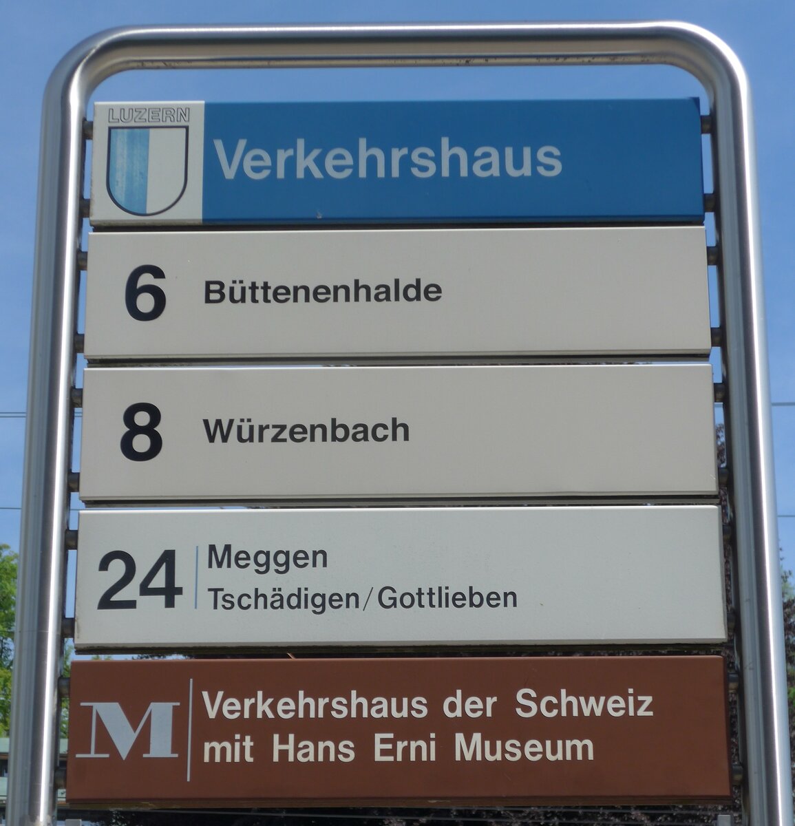 (171'268) - VBL-Haltestellenschild - Luzern, Verkehrshaus - am 22. Mai 2016