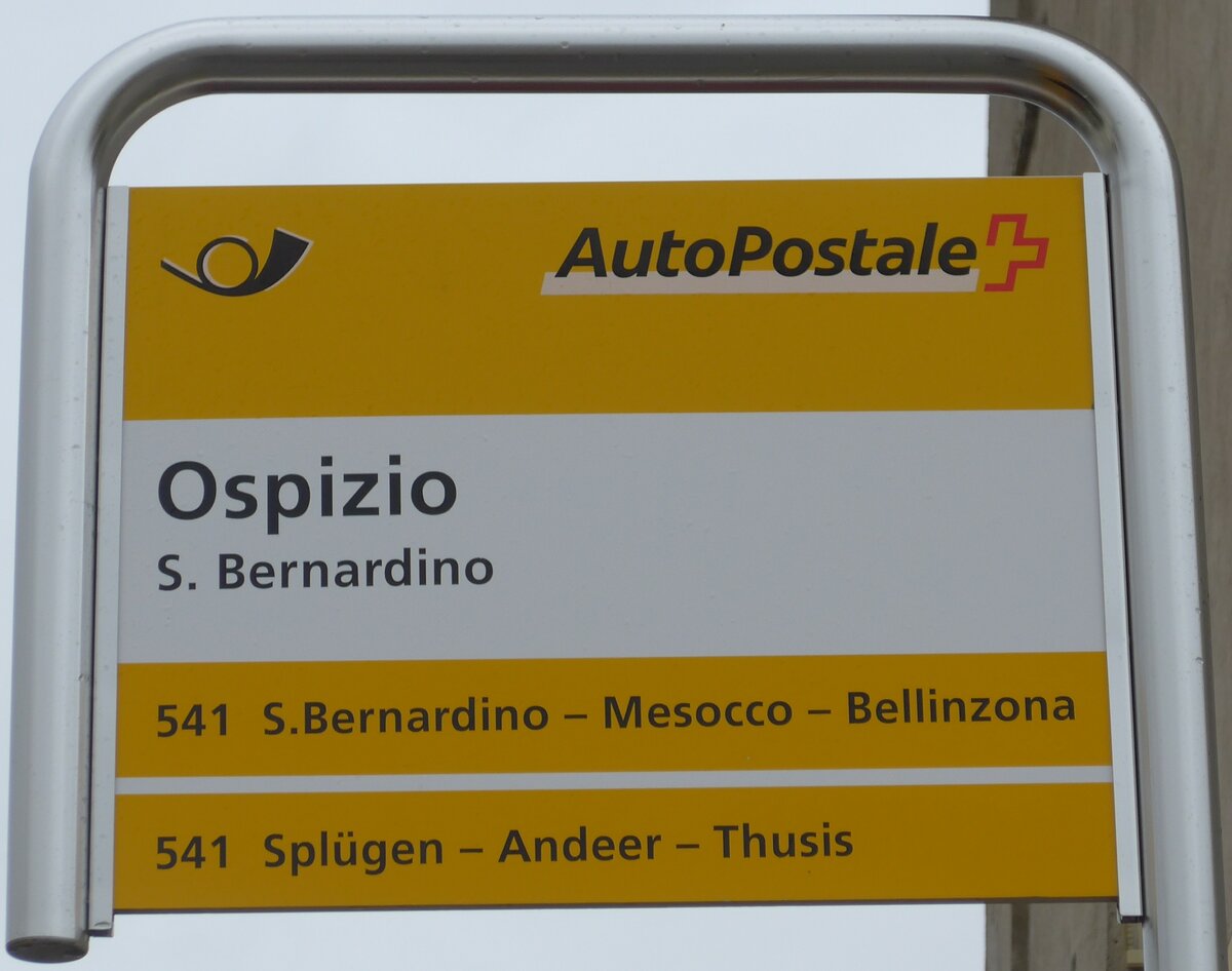 (174'956) - PostAuto-Haltestellenschild - S. Bernardino, Ospizio - am 18. September 2016
