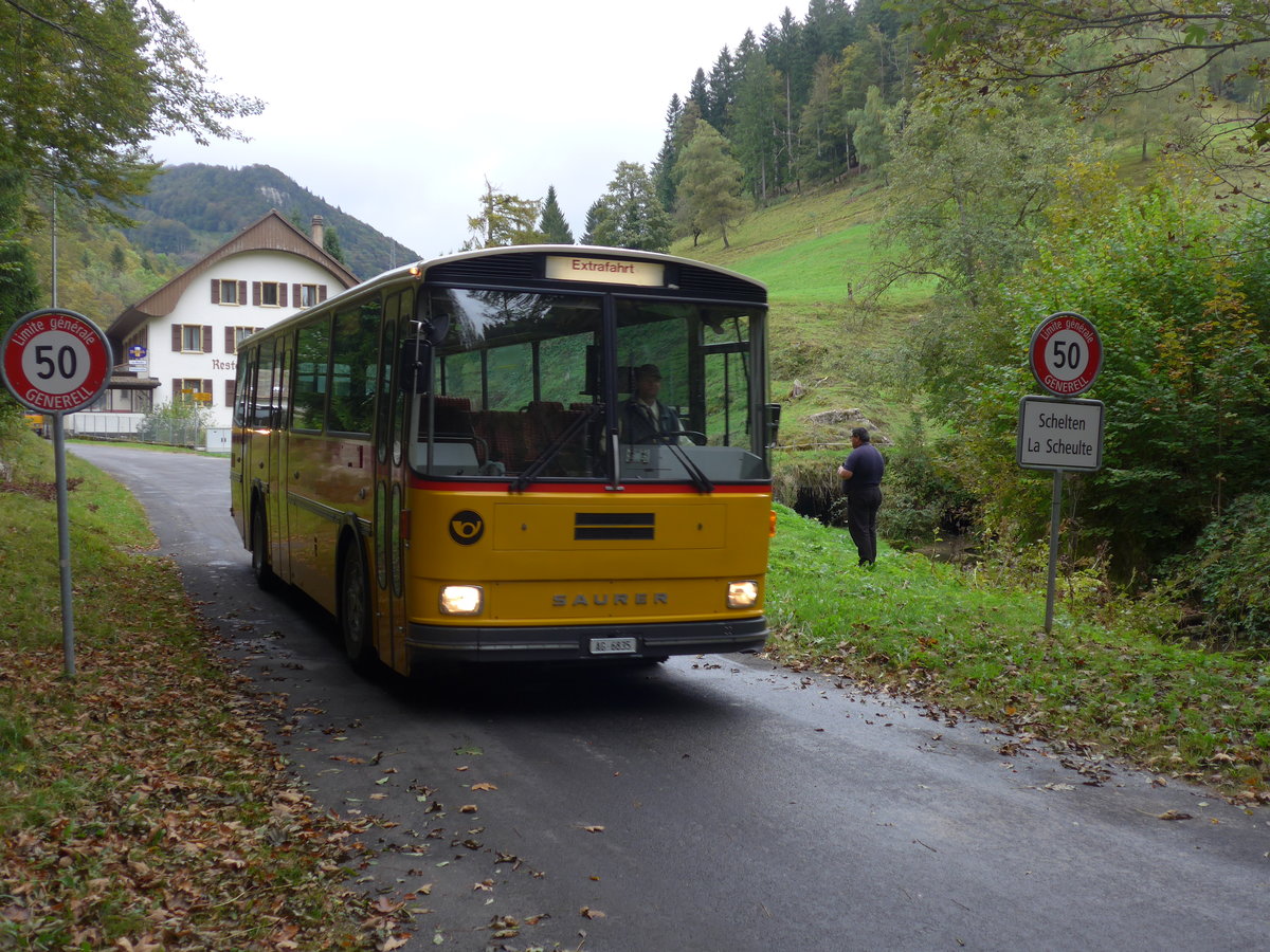 (175'371) - Gautschi, Suhr - AG 6835 - Saurer/Tscher (ex Ltscher, Neuheim Nr. 200; ex Cartek, Regensdorf; ex P 25'822) am 2. Oktober 2016 in Schelten, Restaurant Scheltenmhle