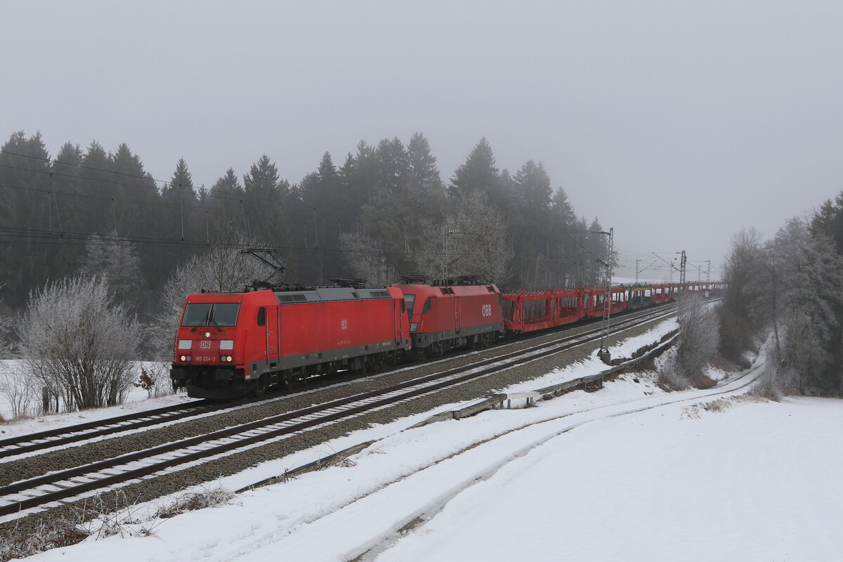 185 224 & 1016 003 mit einem leeren Autozug aus Salzburg kommend am 25. Januar 2022 bei Grabenst�tt.