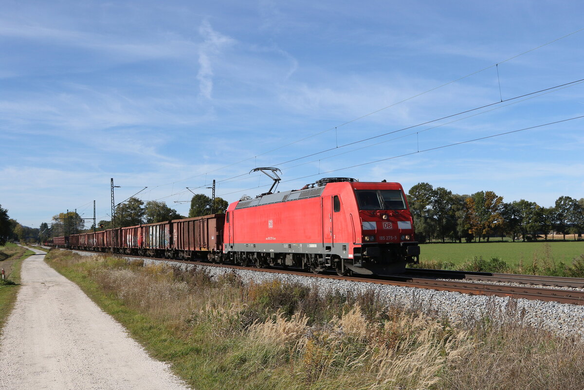 185 275 war am 20. Oktober 2021 mit einem Stahlzug bei �bersee am Chiemsee in Richtung Freilassing unterwegs.
