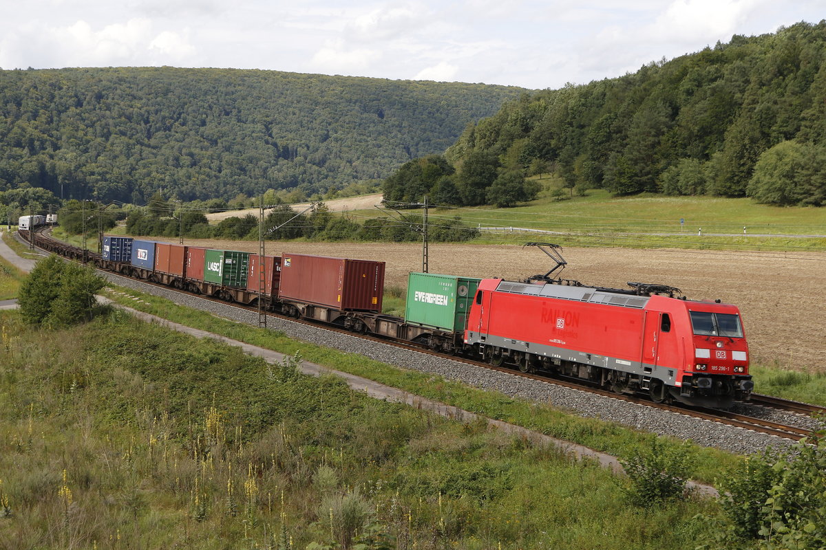 185 296-1 war mit einem Containerzug am 18. August 2017 bei Harrbach in Richtung W�rzburg unterwegs.