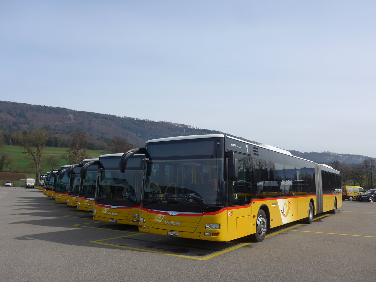 (189'876) - CarPostal Ouest - JU 52'075 - MAN (ex Nr. 35) am 2. April 2018 in Develier, Parkplatz