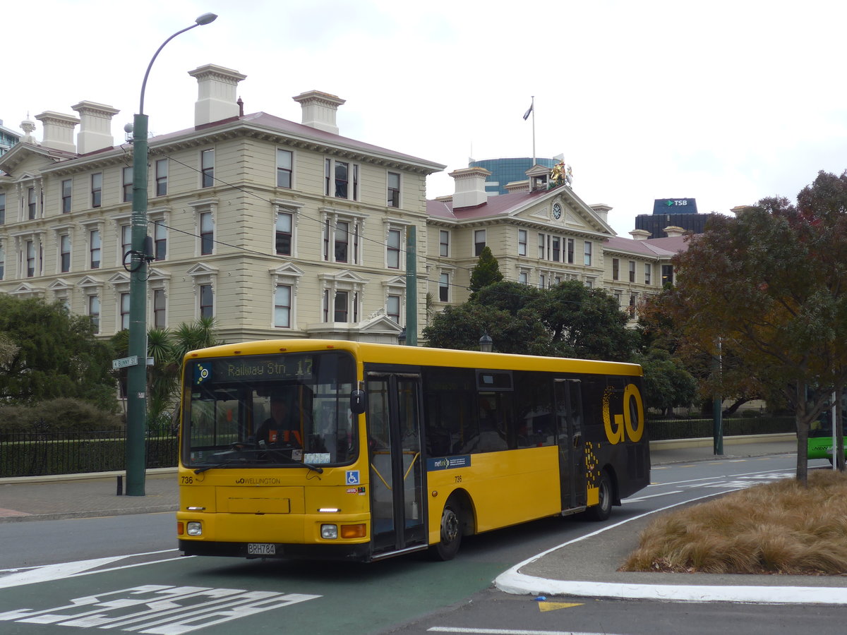 (191'666) - GO Wellington - Nr. 736/BRH784 - MAN/Designline (ex Stagecoach, Auckland Nr. 736) am 27. April 2018 beim Bahnhof Wellington
