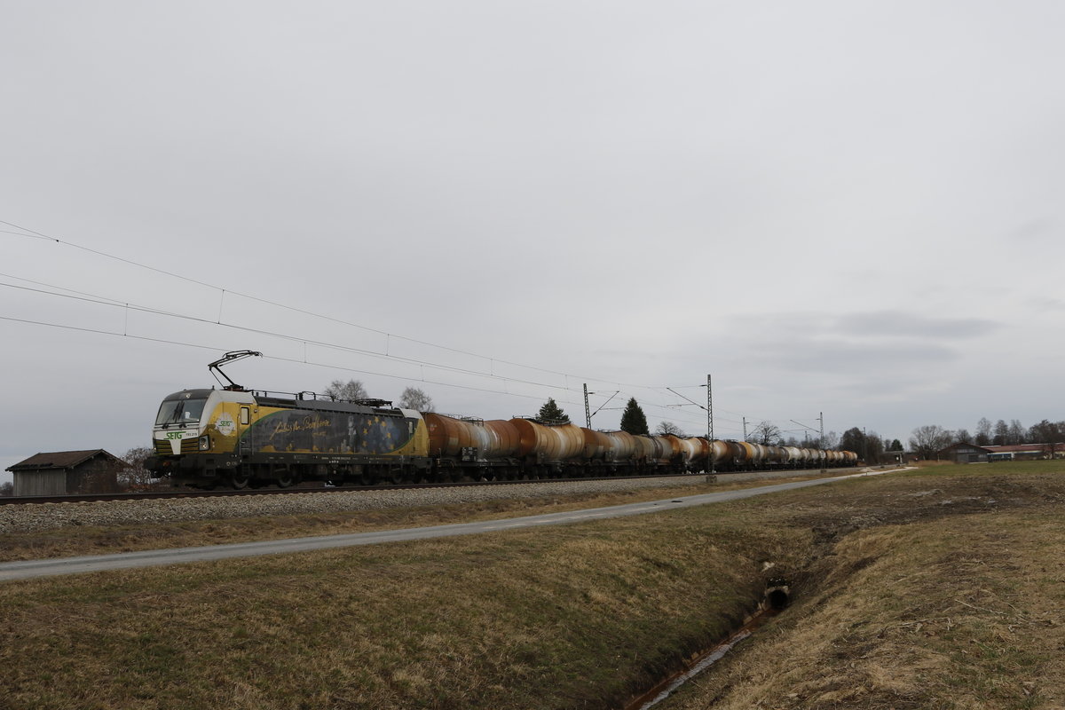 193 218  Ludwig van Beethoven  mit einem Kesselwagenzug am 26.Februar 2017 bei �bersee am Chiemsee.