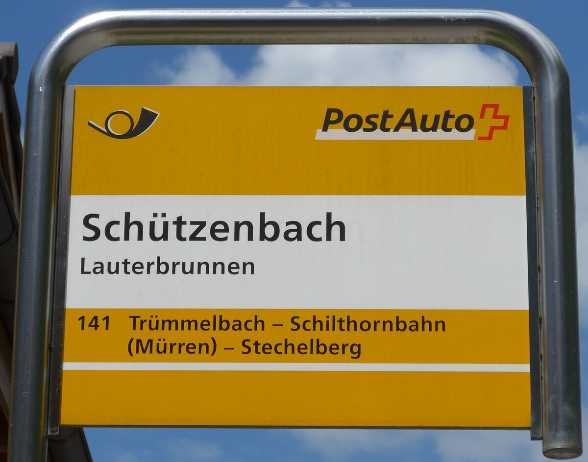 (194'423) - PostAuto-Haltestellenschild - Lauterbrunnen, Schtzenbach - am 25. Juni 2018