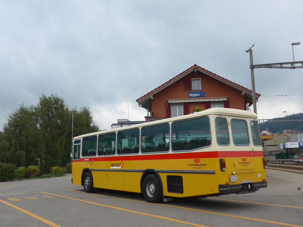 (196'391) - Eichenberger, Bsingen - FR 335'303 - Saurer/R&J (ex Schlapp, Cottens; ex Ruklic, Schaffhausen; ex Heim, Flums; ex Frigg, Zernez; ex P 24'279) am 2. September 2018 beim Bahnhof Biglen