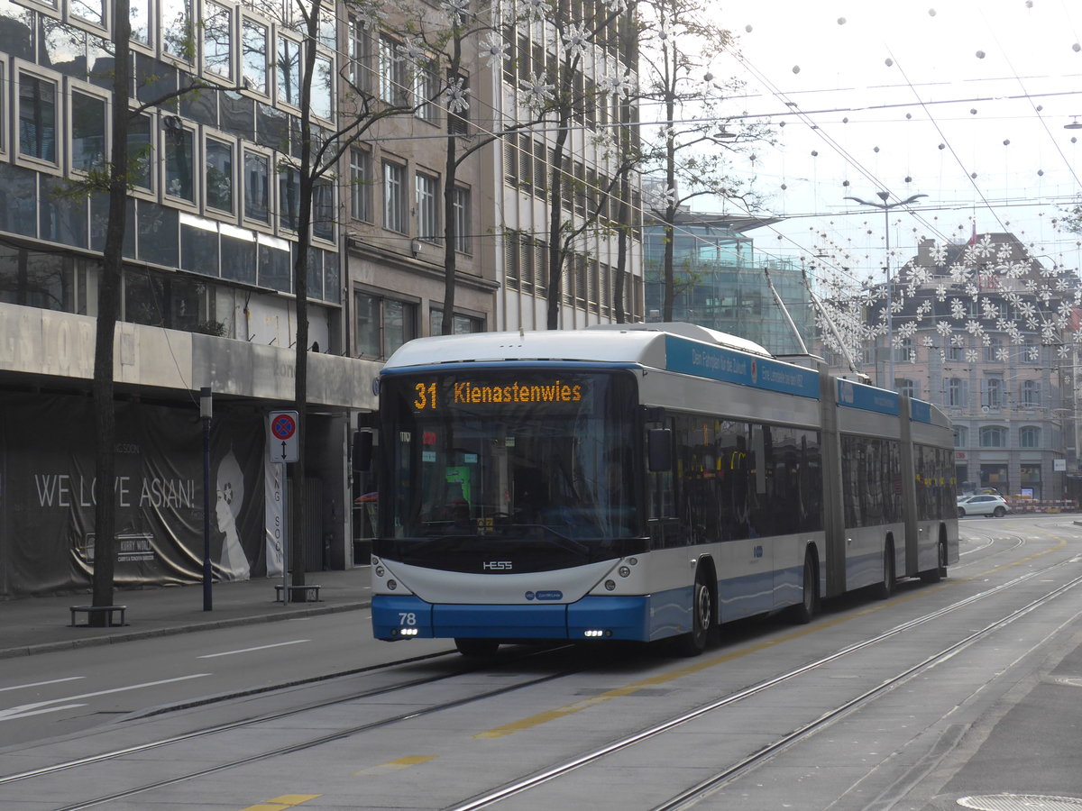 (199'439) - VBZ Zrich - Nr. 78 - Hess/Hess Doppelgelenktrolleybus am 18. November 2018 in Zrich, Lwenstrasse