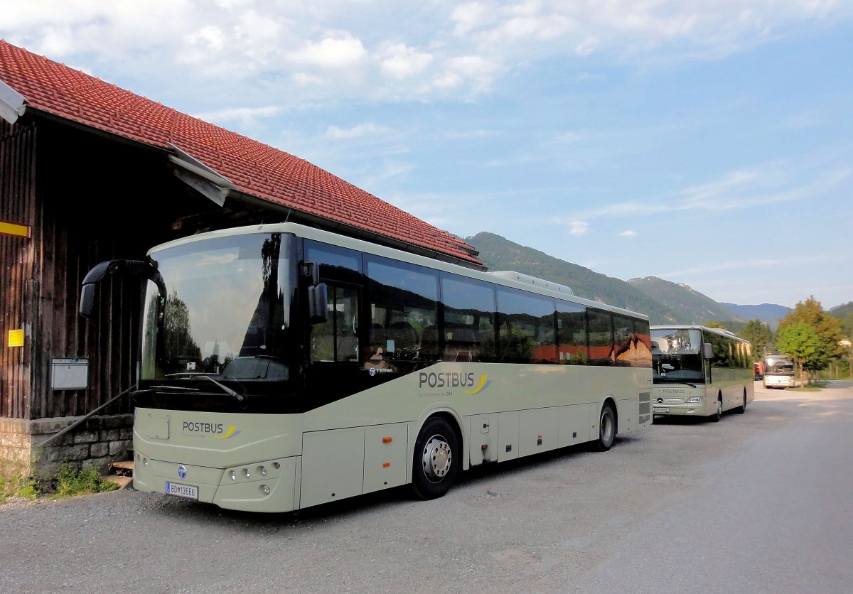 2 mal Postbus der BB in Grnau/Obersterreich im August 2013,vorne ein TEMSA und hinten ein Mercedes.