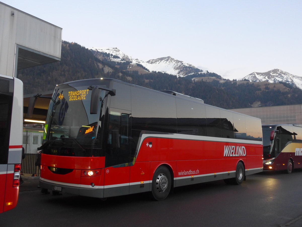 (213'462) - Wieland, Murten - Nr. 111/FR 300'599 - Van Hool am 11. Januar 2020 beim Bahnhof Frutigen