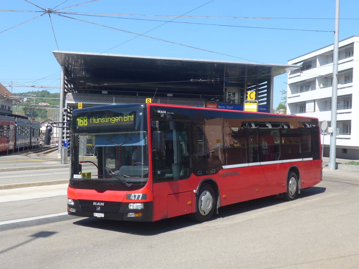 (216'353) - Bernmobil, Bern - Nr. 477/BE 716'477 - MAN/Gppel (ex Peyer, Niederwangen Nr. 377) am 22. April 2020 beim Bahnhof Worb Dorf