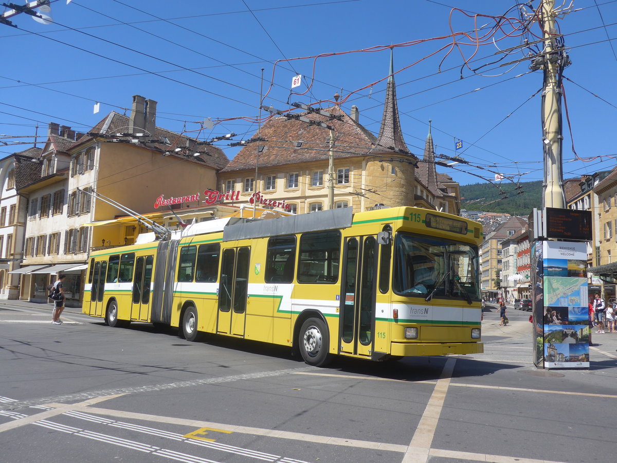 (218'553) - transN, La Chaux-de-Fonds - Nr. 115 - NAW/Hess Gelenktrolleybus am 6. Juli 2020 in Neuchtel, Place Pury