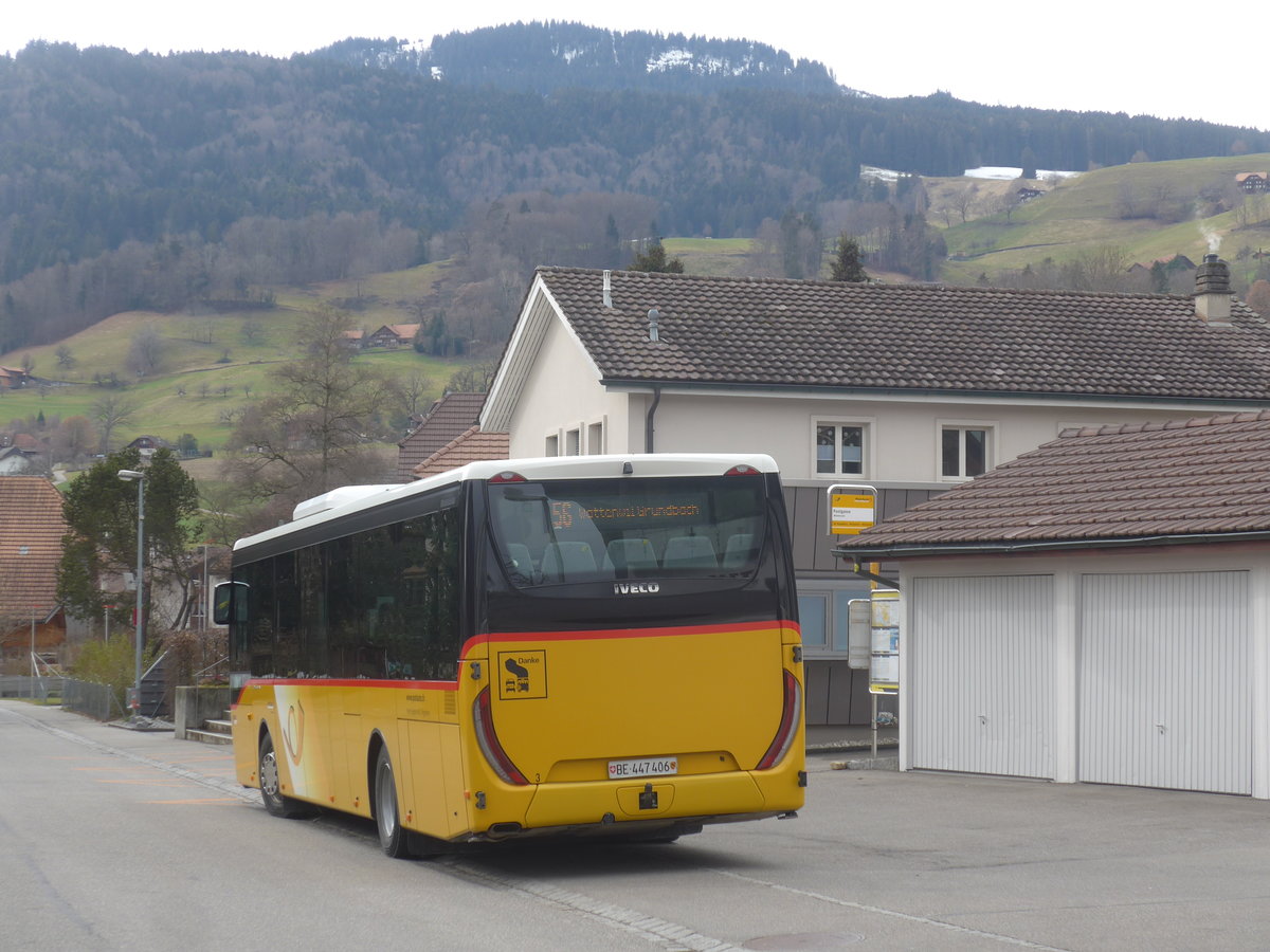 (223'595) - Engeloch, Riggisberg - Nr. 3/BE 447'406 - Iveco am 18. Februar 2021 in Wattenwil, Postgasse