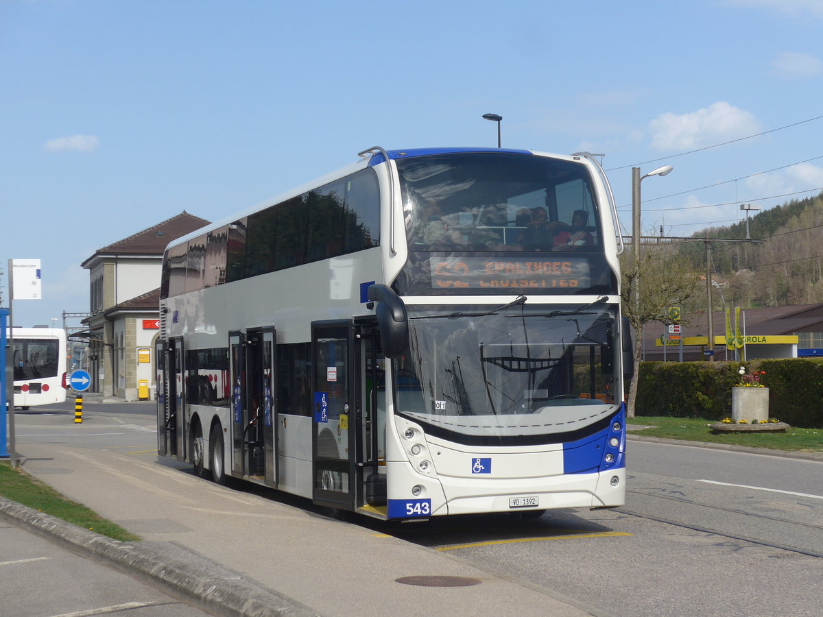 (224'771) - TL Lausanne - Nr. 543/VD 1392 - Alexander Dennis am 2. April 2021 beim Bahnhof Moudon