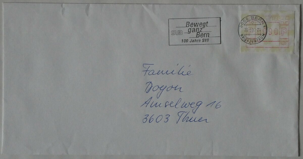 (233'375) - Briefumschlag mit Werbestempel 100 Jahre SVB vom 20. Juni 2000 am 6. Mrz 2022 in Thun