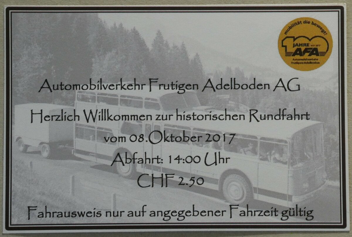 (233'397) - AFA-Fahrausweis zur historischen Rundfahrt vom 8. Oktober 2017 am 6. Mrz 2022 in Thun