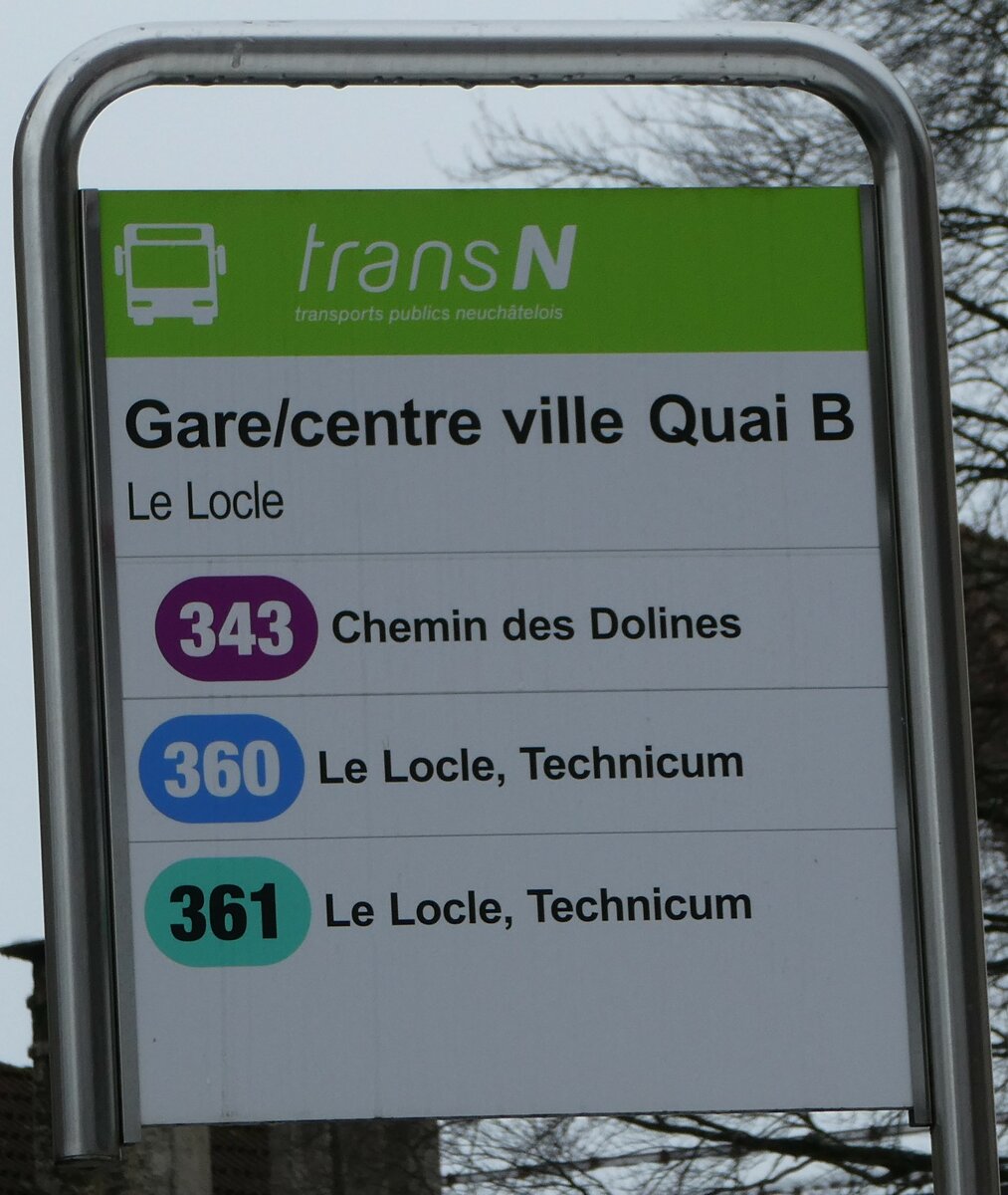 (245'642) - transN-Haltestellenschild - Le Locle, Gare/centre ville - am 2. Februar 2023