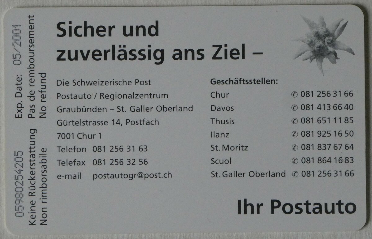 (246'768) - Taxcard - 5 CHF - Sicher und zuverlssig ans Ziel - Ihr Postauto am 1. Mrz 2023 in Thun (Rckseite)