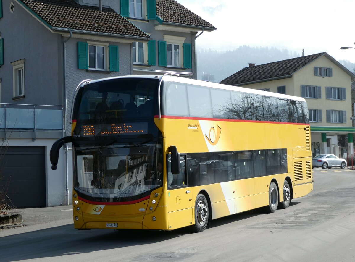 (246'836) - PostAuto Ostschweiz - SG 445'309/PID 11'036 - Alexander Dennis (ex CarPostal Ouest NE 154'830; ex PostAuto Ostschweiz SG 445'309) am 4. Mrz 2023 beim Bahnhof Nesslau-Neu St. Johann