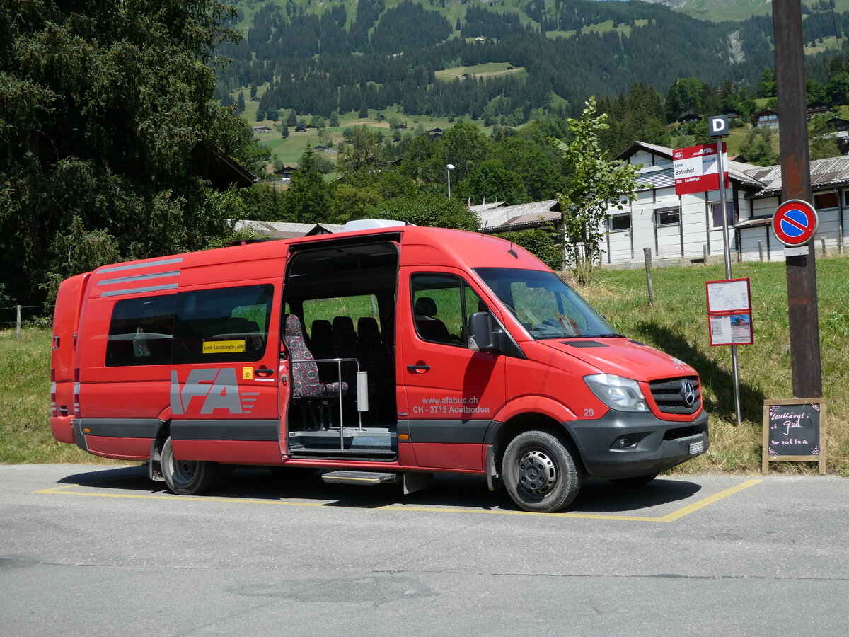 (252'630) - AFA Adelboden - Nr. 29/BE 173'525 - Mercedes am 11. Juli 2023 beim Bahnhof Lenk