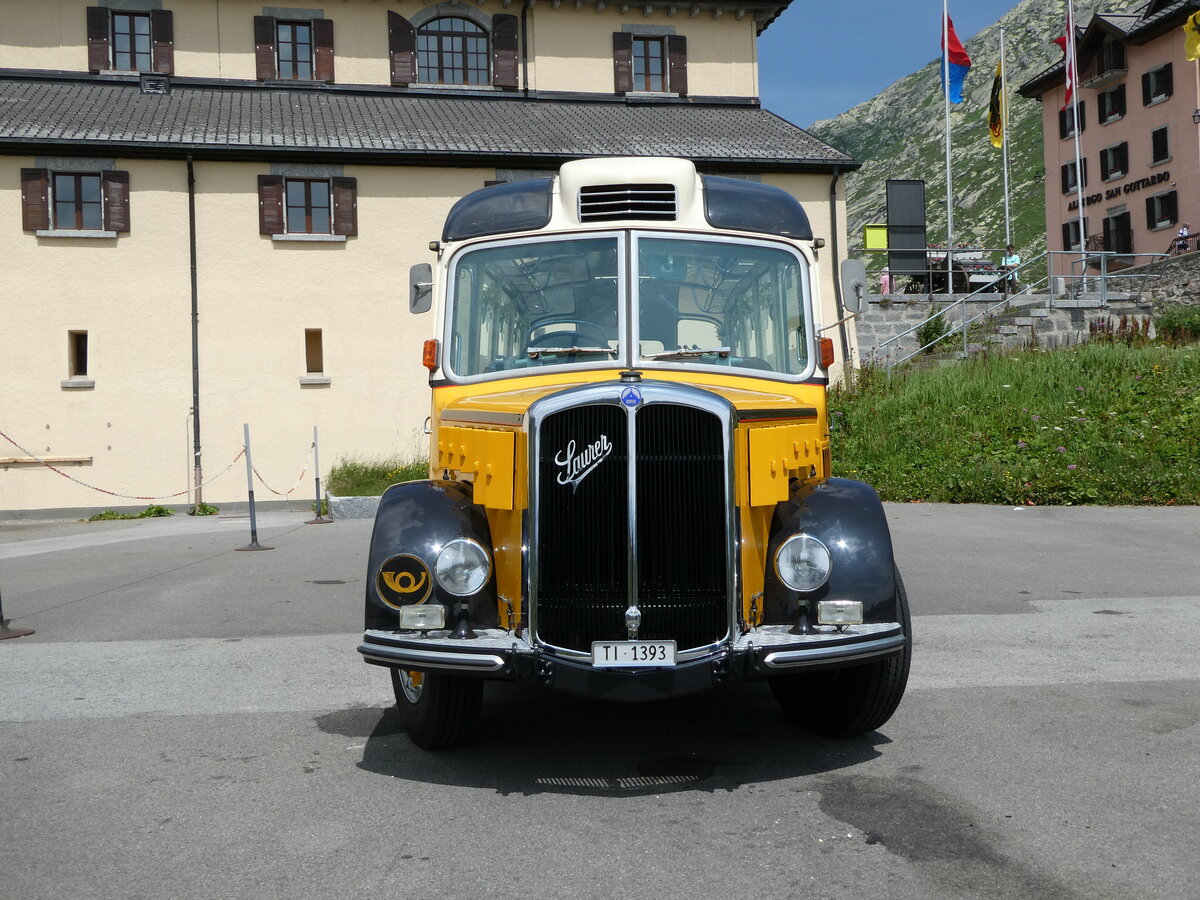 (252'890) - Barenco, Faido - TI 1393 - Saurer/R&J (ex Oldie-Reisen, Matzingen; ex M+79'506; ex P 23'139; ex P 2206) am 23. Juli 2023 in Gotthard, Passhhe