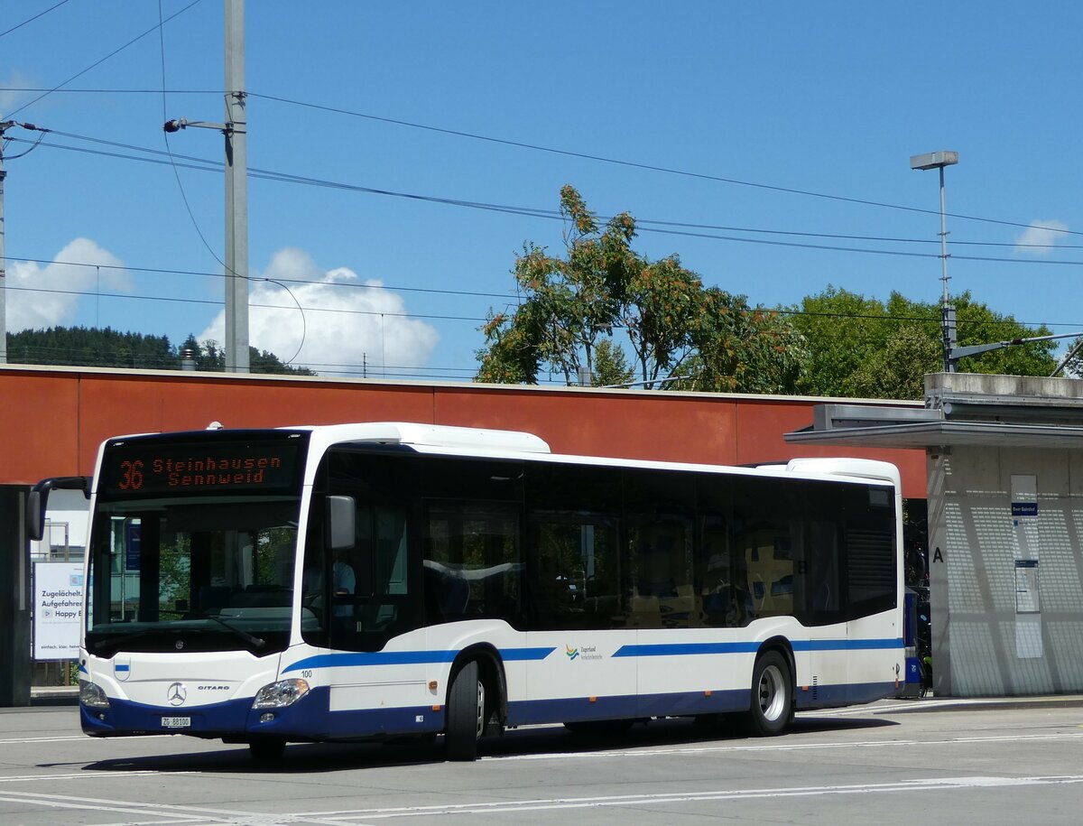 (253'334) - ZVB Zug - Nr. 100/ZG 88'100 - Mercedes (ex Auf der Maur, Steinen Nr. 248) am 3. August 2023 beim Bahnhof Baar