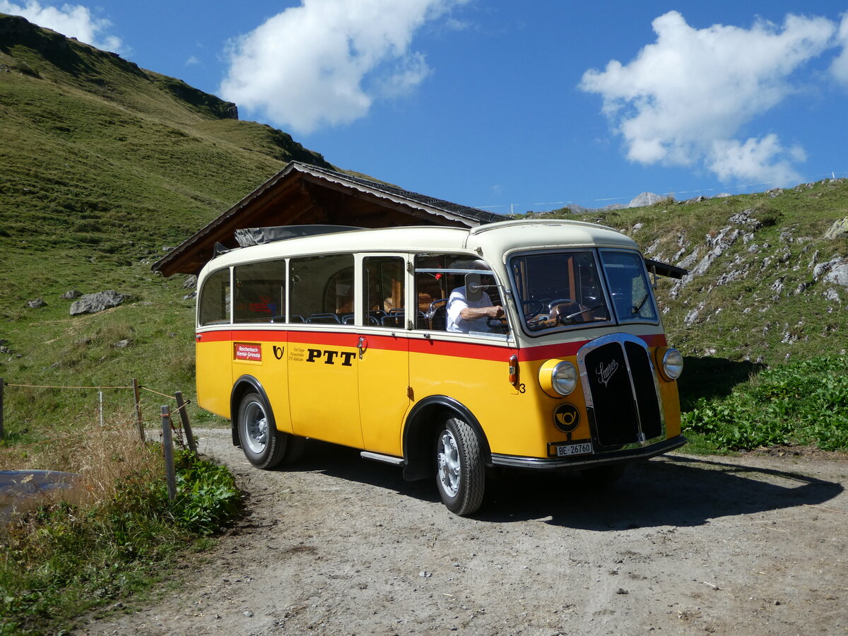 (255'080) - Schmid, Thrishaus - Nr. 3/BE 26'760 - Saurer/Gangloff (ex Geiger, Adelboden Nr. 3) am 10. September 2023 auf der Bundalp