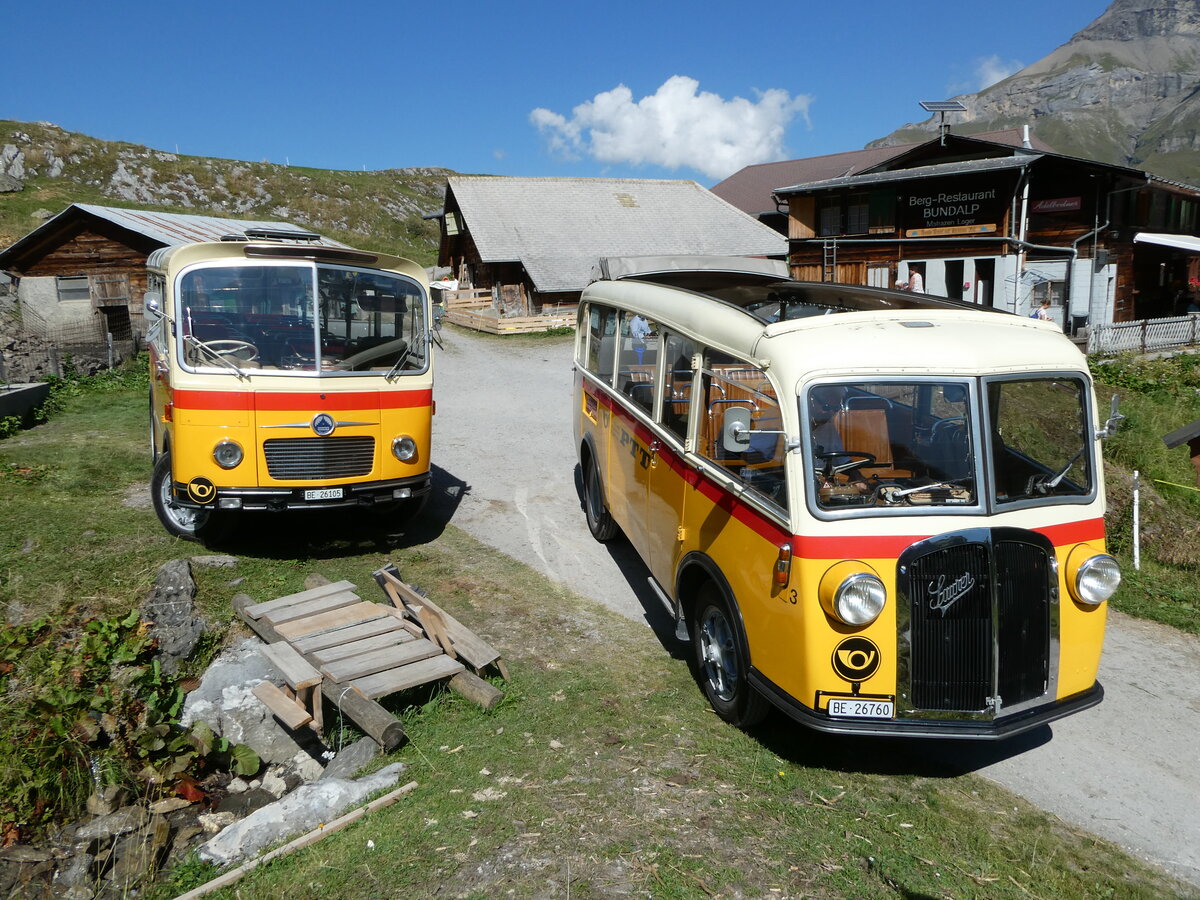 (255'100) - Schmid, Thrishaus - Nr. 9/BE 26'105 - Saurer/R&J (ex GEiger, Adelboden Nr. 9) + Nr. 3/BE 26'760 - Saurer/Gangloff (ex Geiger, Adelboden Nr. 3) am 10. September 2023 auf der Bundalp