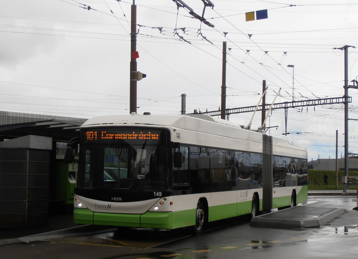 (257'544) - transN, La Chaux-de-Fonds - Nr. 149 - Hess/Hess Gelenktrolleybus (ex TN Neuchtel Nr. 149) am 11. Dezember 2023 beim Bahnhof Marin-pagnier