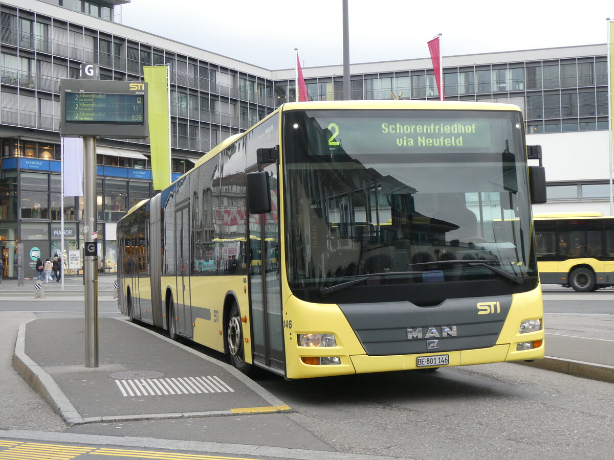 (259'681) - STI Thun - Nr. 146/BE 801'146 - MAN am 27. Februar 2024 beim Bahnhof Thun