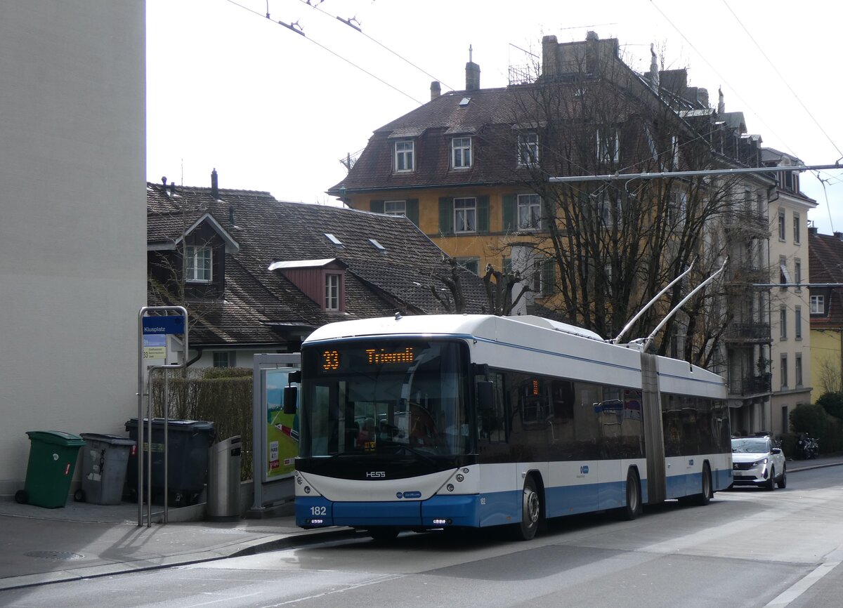 (260'151) - VBZ Zrich - Nr. 182 - Hess/Hess Gelenktrolleybus am 4. Mrz 2024 in Zrich, Klusplatz