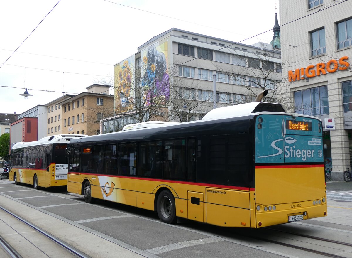 (261'121) - PostAuto Ostschweiz - TG 158'052/PID 10'078 - Solaris am 9. April 2024 beim Bahnhof Frauenfeld