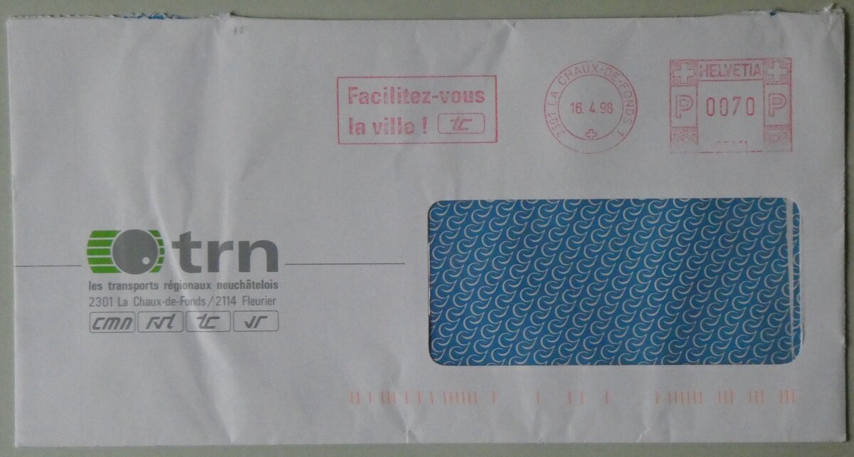 (261'792) - trn-Briefumschlag vom 16. April 1998 am 28. April 2024 in Thun