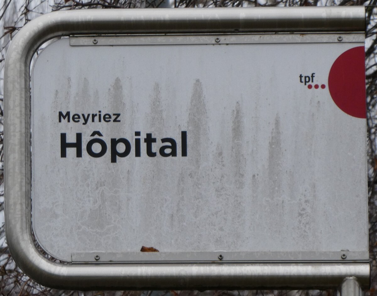 (270'777) - tpf-Haltestellenschild - Meyriez, Hpital - am 9. Januar 2025
