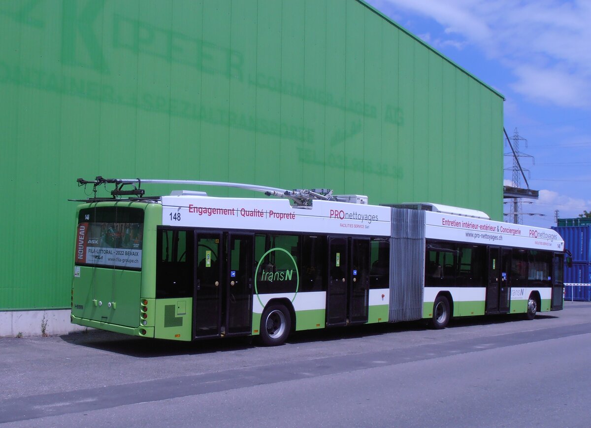 (277'595) - transN, La Chaux-de-Fonds - Nr. 148 - Hess/Hess Gelenktrolleybus (ex TN Neuchtel Nr. 148) am 5. Juli 2025 in Kerzer, Interbus