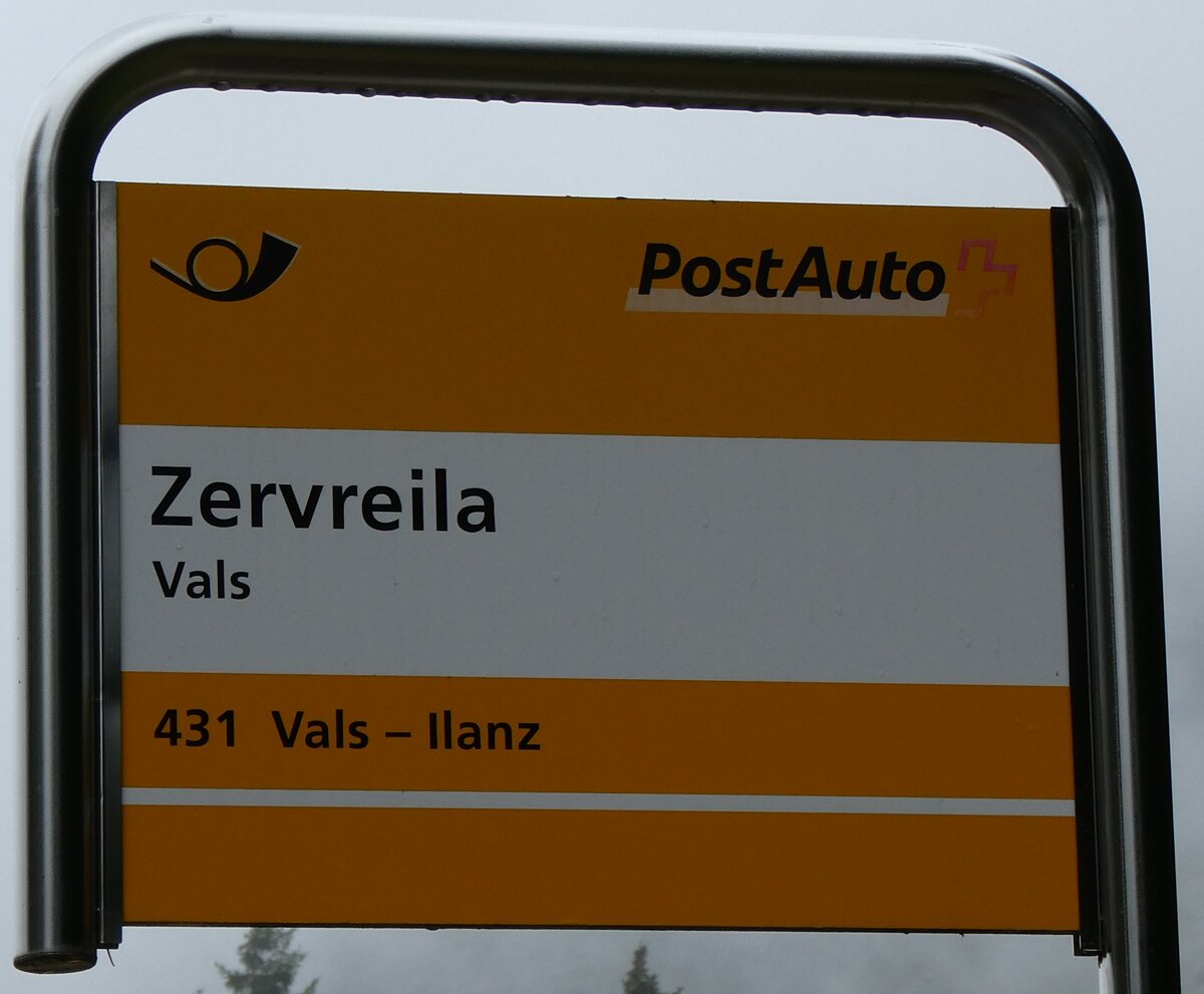 (280'149) - PostAuto-Haltestellenschild - Vals, Zervreila - am 9. September 2025