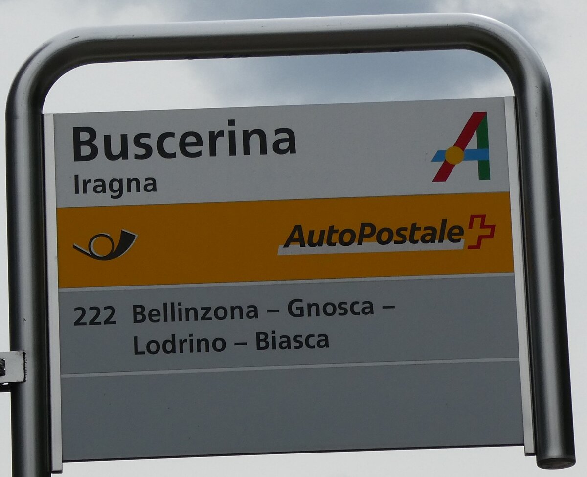 (280'402) - PostAuto-Haltestellenschild - Iragna, Buscerina - am 13. September 2025