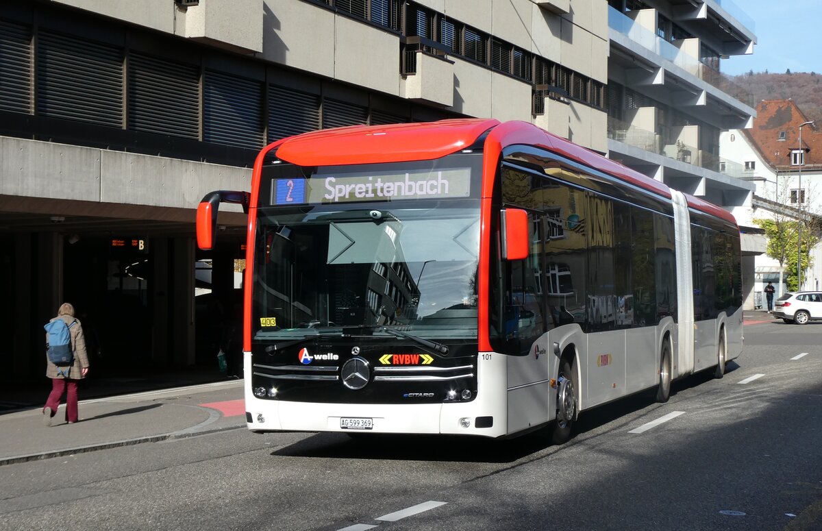 (282'281) . RVBW Wettingen - Nr. 101/AG 599'369 - eMercedes am 11. November 2025 in Baden, Postautostation