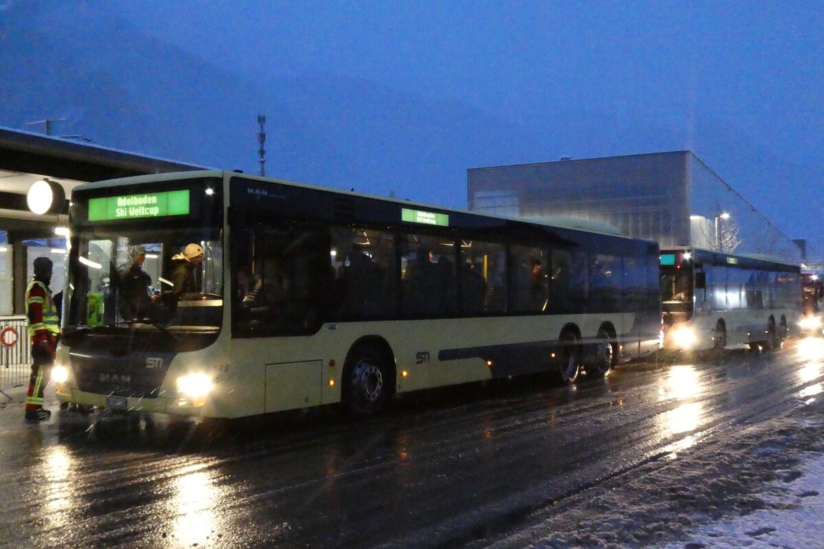 (283'775) - STI Thun - Nr. 148/BE 801'148 - MAN am 10. Januar 2026 beim Bahnhof Frutigen