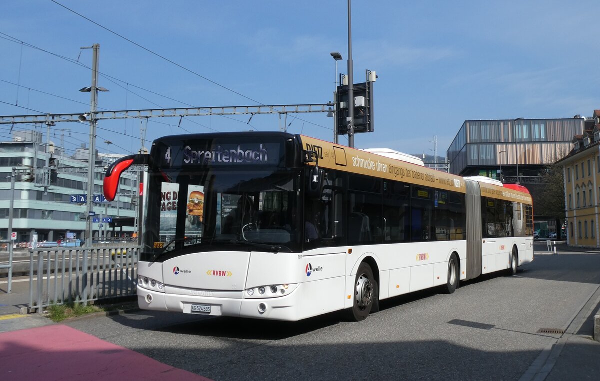 (285'507) - RVBW Wettingen - Nr. 187/AG 524'535 - Solaris (ex AAGR Rothenburg Nr. 2) am 19. M�rz 2026 beim Bahnhof Baden