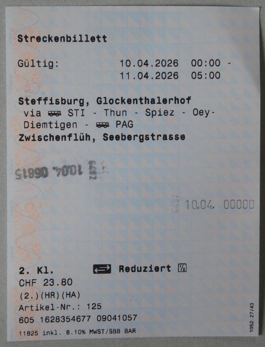 (286'232) - STI/SBB/PAG-Einzelbillet vom 10. April 2026 am 19. April 2026 in Thun