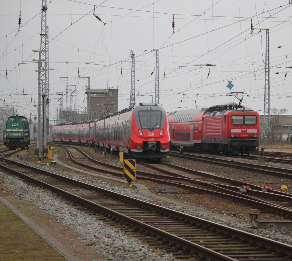 293 511-2+442 350-5 waren am 20.02.2015 abgestellt im Rostocker Hbf neben an machte sich 114 040-9 RE 4361 von Rostock Hbf nach Lutherstadt Wittenberg vom Acker.