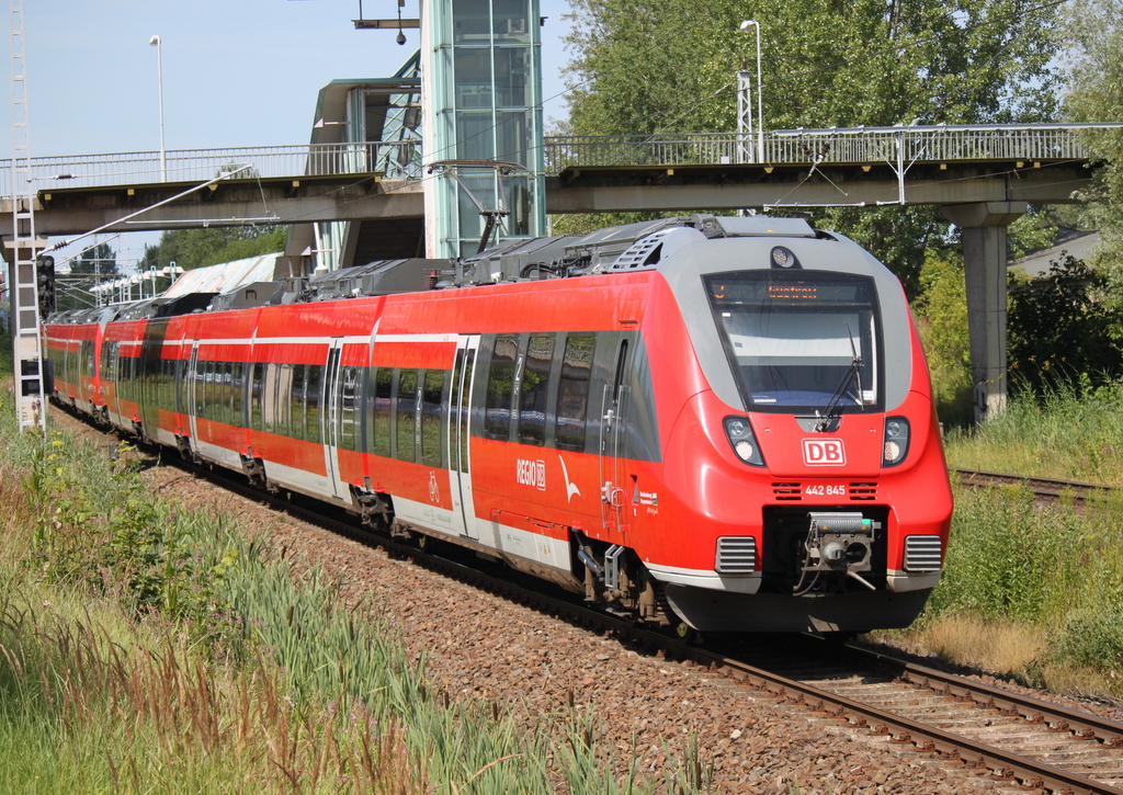442 845 als S3(Warnem�nde-G�strow)bei der Ausfahrt im Haltepunkt Rostock-Marienehe.01.08.2015