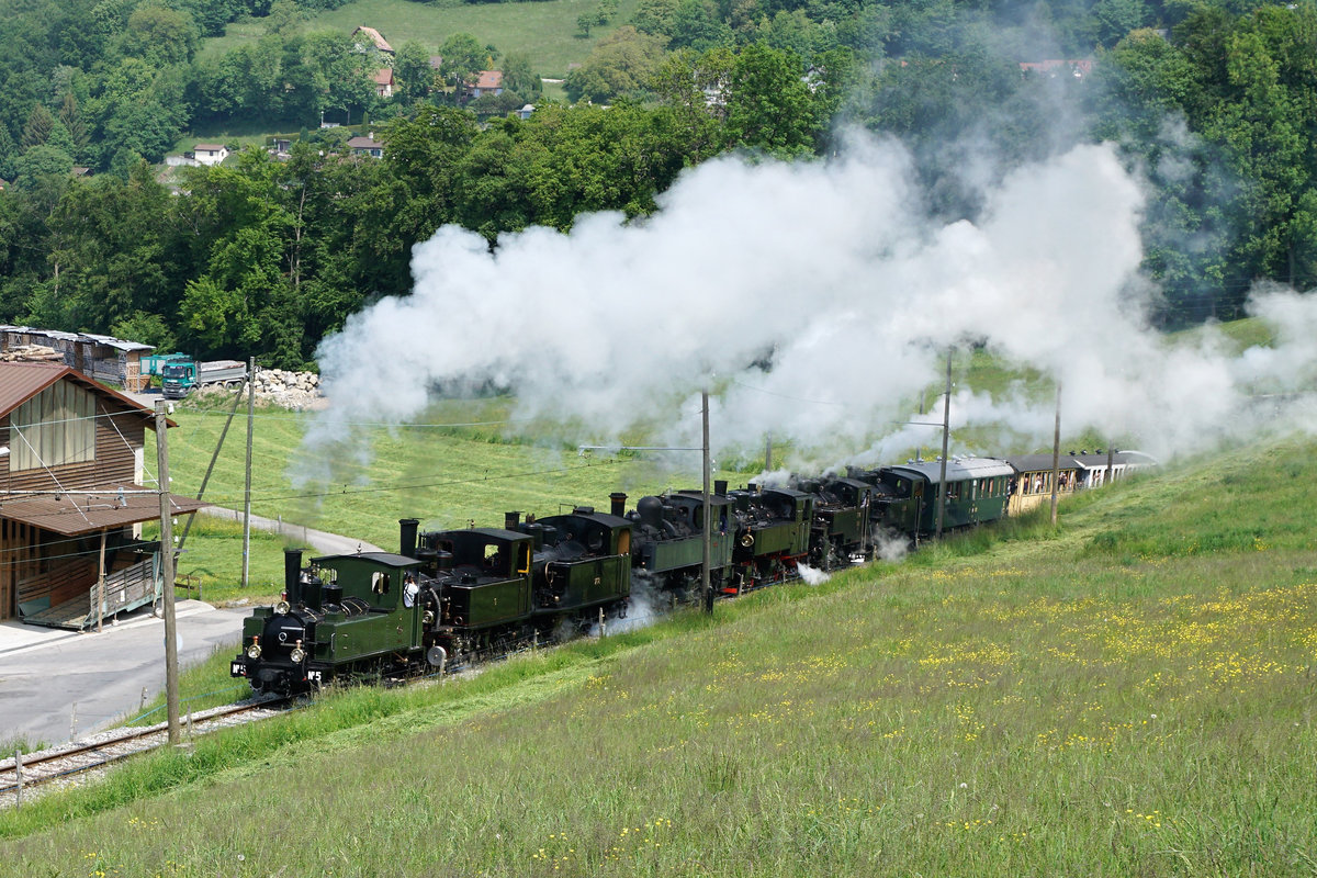 50 Jahre Museumsbahn Blonay-Chamby
1968 bis 2018
MEGA STEAM FESTIVAL VOM 19. MAI 2018
Das Highlight des Tages.
MIT VOLLDAMPF IN DIE NCHSTEN FNFZIG JAHRE.
Museumszug mit folgenden sieben Dampflokomotiven:
G 3/3 5, 1890 LEB
G 3/3 909 / 6, 1901 JS / BAM
G 3/4 208, 1913 CFF
G 2x 2/2 E164, 1905 CP
G 2x 2/2 105, 1918 SEG
HG 3/4 4, 1913 FO
HG 3/4 3, 1913 BFD
Foto: Walter Ruetsch
