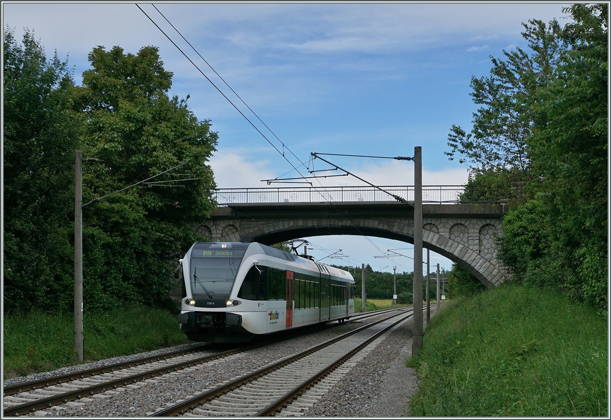 729-2 Der Thurbo GTW 526 729-5 als S22 erreicht auf seiner Fahrt von Singen nach Jestetten den Halt Bietingen.
18. Juni 2016