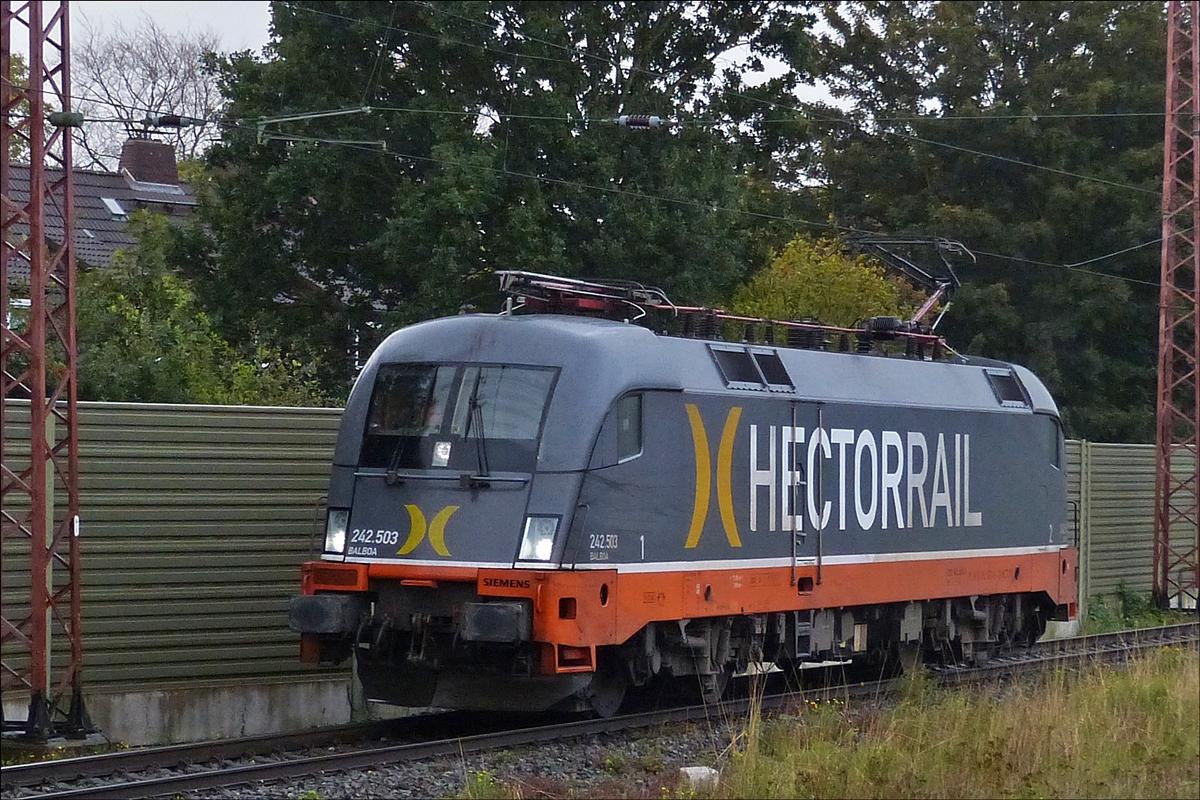 Als Lokzug durchfhrt Hector Rail Lok 242 503 den Bahnhof von Bremerhaven auf dem Gterzuggleis. 17.09.2019 (Hans)