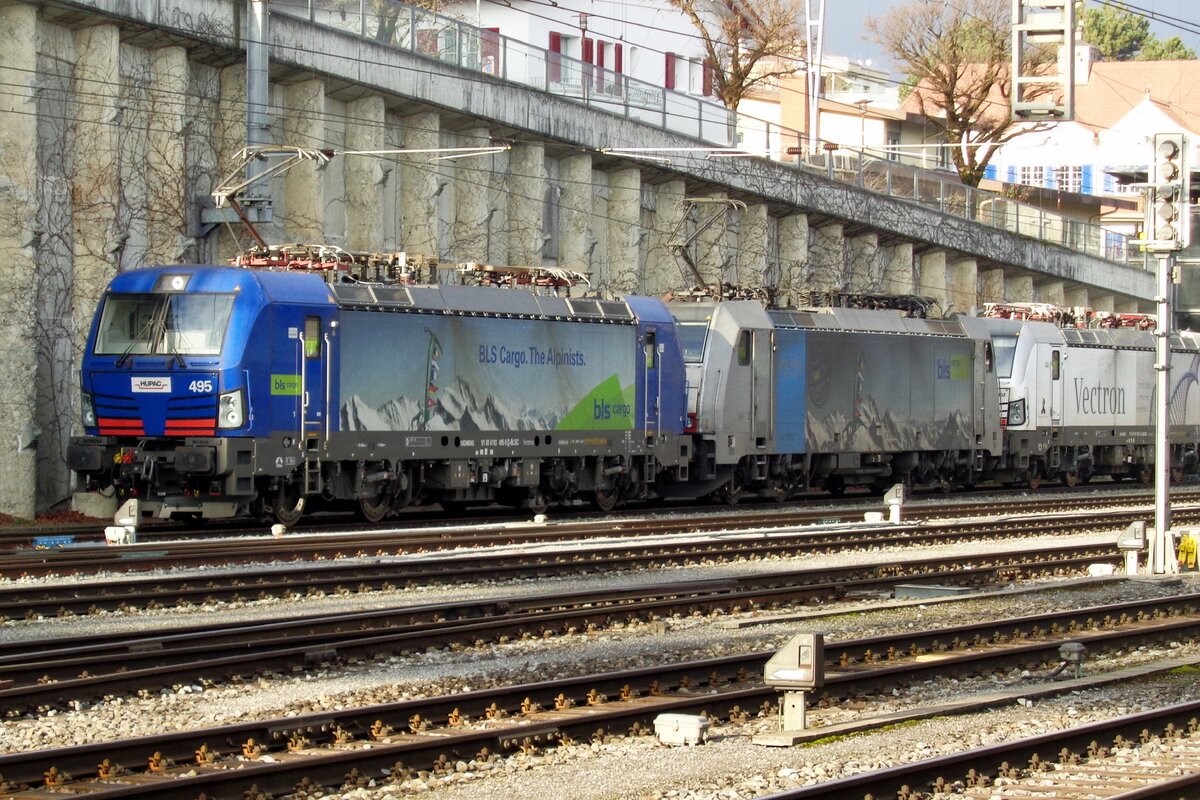 Am 1 Jnner 2019 steht BLS 193 495 mit ein Lokzug in Spiez.