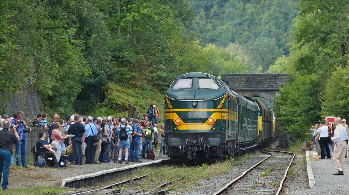  Am 14.8.2017 organisierte der Verein PFT einen Dieselloktag für Bahnfotografen. Gemischter Zug bestehend aus Personen und Güterzügen, auf der Ligne du Boq in Dorinne-Durnal, der Zug wird an den Anfang der Strecke gezogen, wo die einzenen Zugkompositionen so nach und nach auf die Strecke zu den einzelnen Fotohaltestellen fahren, wo dies dan von der Fotografenmeute auf dem Chip festgehalten werden.    